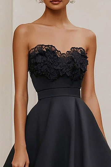 Strapless Satin Appliqued A Line Black Tie Dress